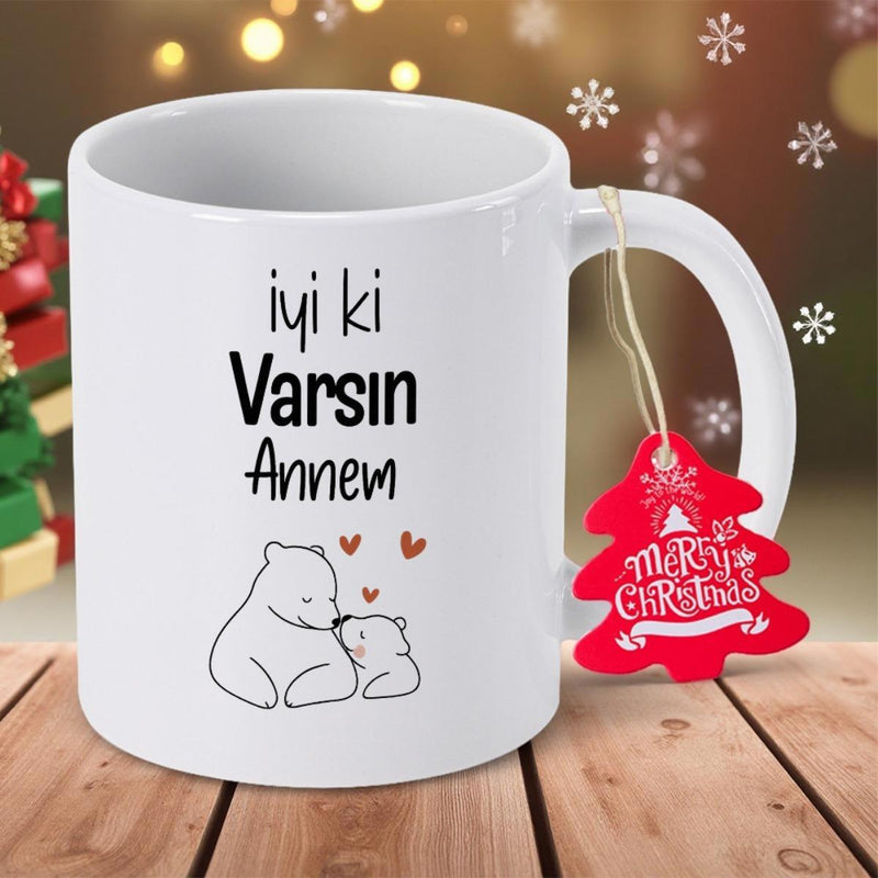 Tailorly White Ceramic 11 oz Mug - Merry Christmas Simple Line Art Mother Polar Bear Cuddling Baby Cub Under Hearts Bear
