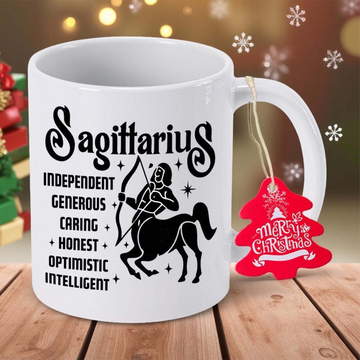 Tailorly White Ceramic 11 oz Mug - Sagittarius Independent Generous Caring Honest Optimistic Intelligent Merry Christmas Bold Black Silhouette Of A Mythical Archer