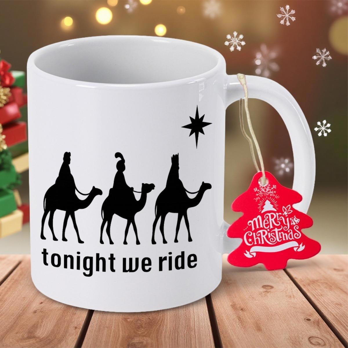 Tailorly White Ceramic 11 oz Mug - Tonight We Ride Black Silhouettes Of Three Wise Men Riding Across The Desert Starry Night Camel