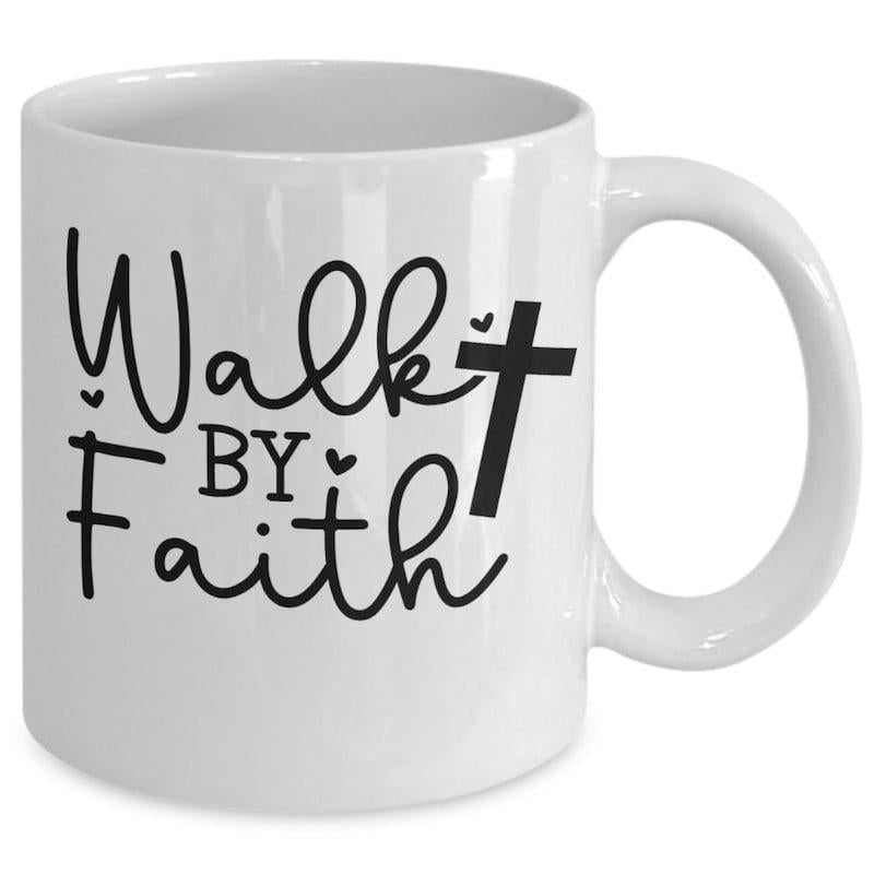 Tailorly White Ceramic 11 oz Mug - Walk By Faith Minimalist Religious Silhouette With Tiny Hearts Floating Around The Cross