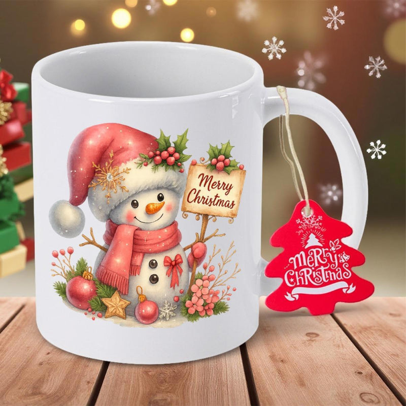 Tailorly White Ceramic 11 oz Mug - Merry Christmas Cute Snowman Wearing Festive Red Hat And Scarf Holding Wooden Sign Snowman