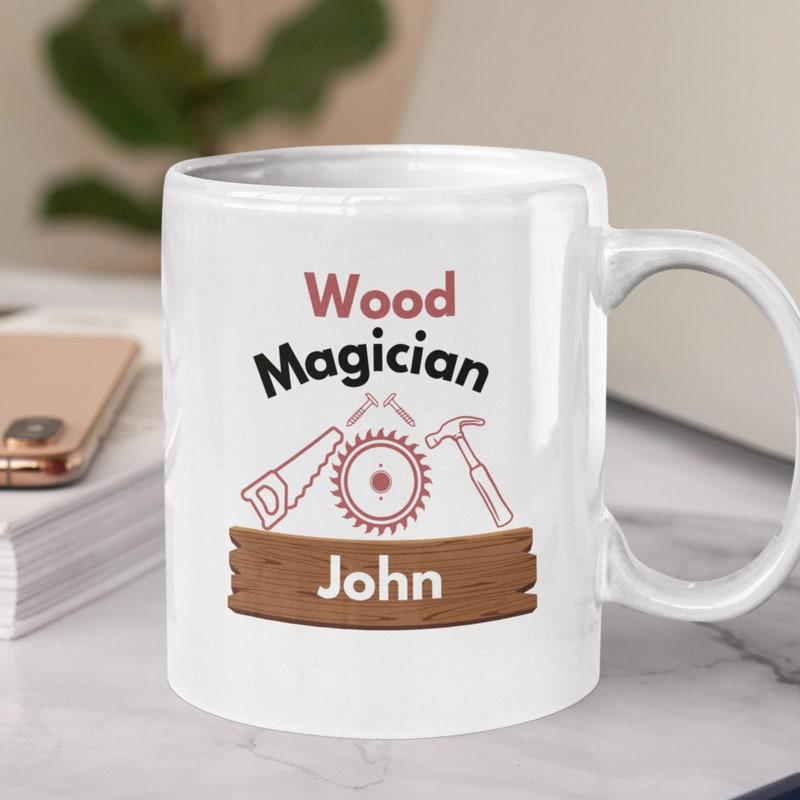 Tailorly White Ceramic 11 oz Mug - Wood Magician John Classic Carpentry Tools Featuring A Circular Saw Blade And Hammer Woodwork