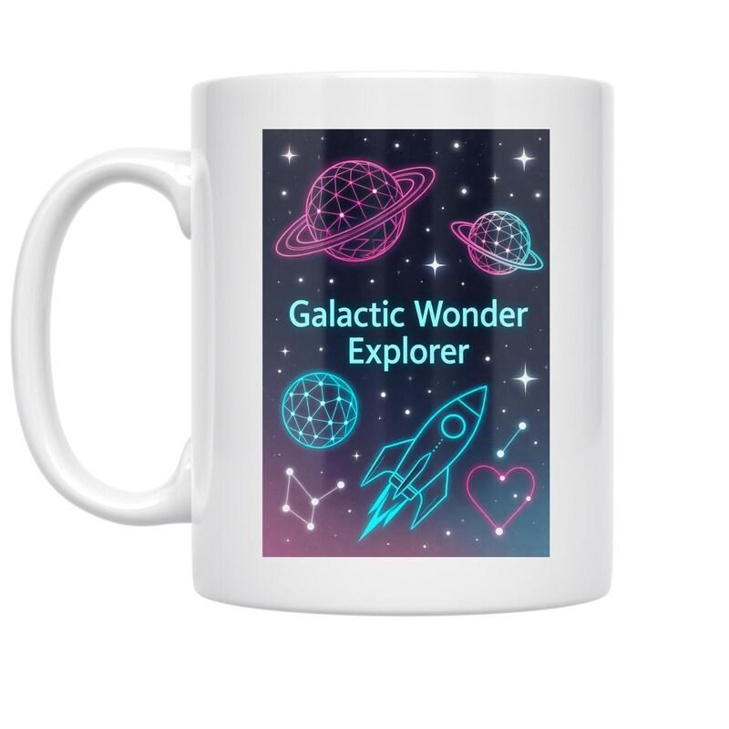 Tailorly White Ceramic 11 oz Mug - Galactic Wonder Explorer Neon Glowing Outlines Of Planets And Stars Around A Flying Cosmic Rocket