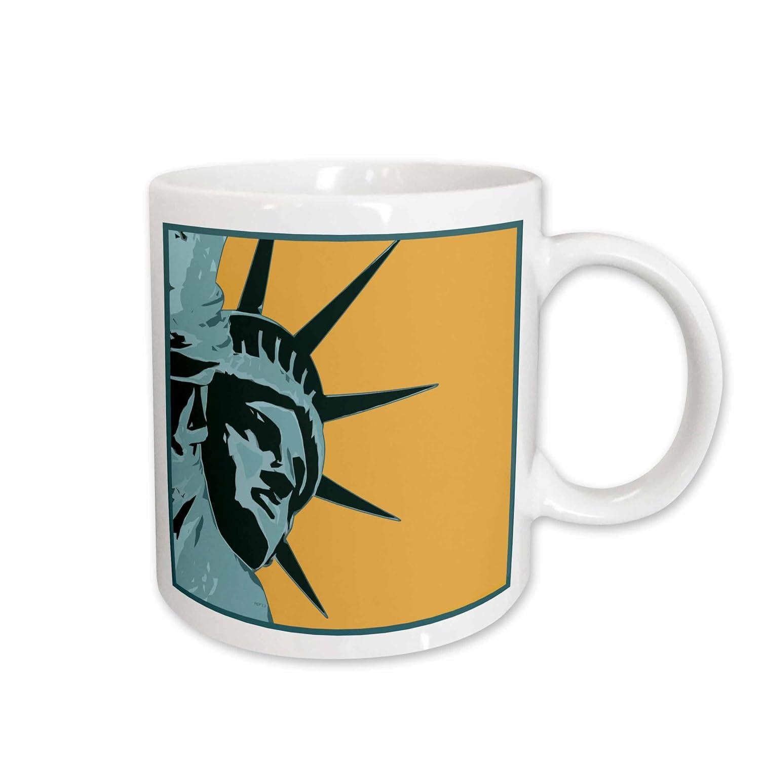 Tailorly White Ceramic 11 oz Mug - Artistic Vector Illustration Of Statue Of Liberty Head Against Yellow Background Statue