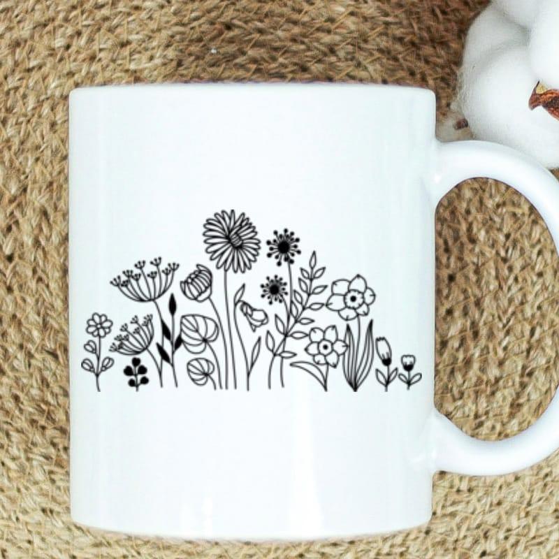 Tailorly White Ceramic 11 oz Mug - Delicate Minimalist Black Line Art Drawing Of Various Wildflowers And Leaves Flower