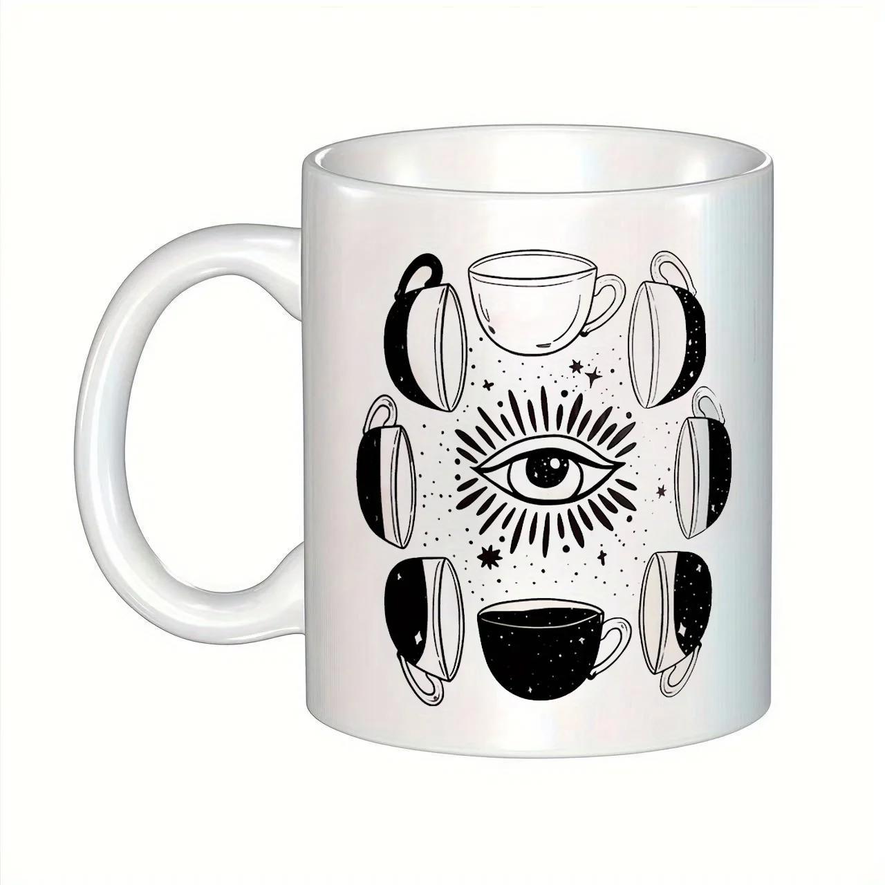 Tailorly White Ceramic 11 oz Mug - Mystical Arrangement Of Coffee Cups Surrounding A Central Radiant All Seeing Eye