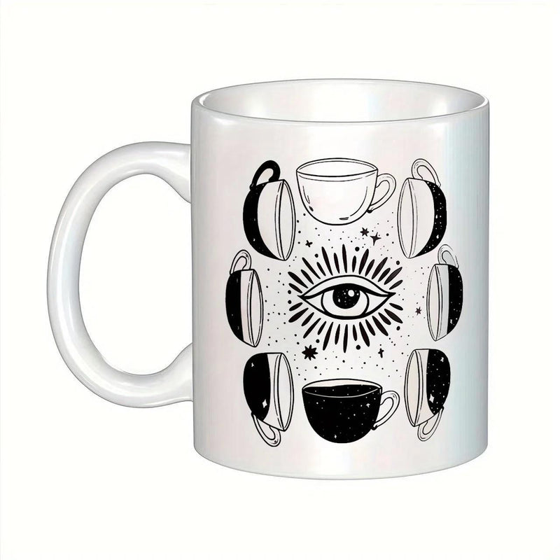 Tailorly White Ceramic 11 oz Mug - Mystical Arrangement Of Coffee Cups Surrounding A Central Radiant All Seeing Eye