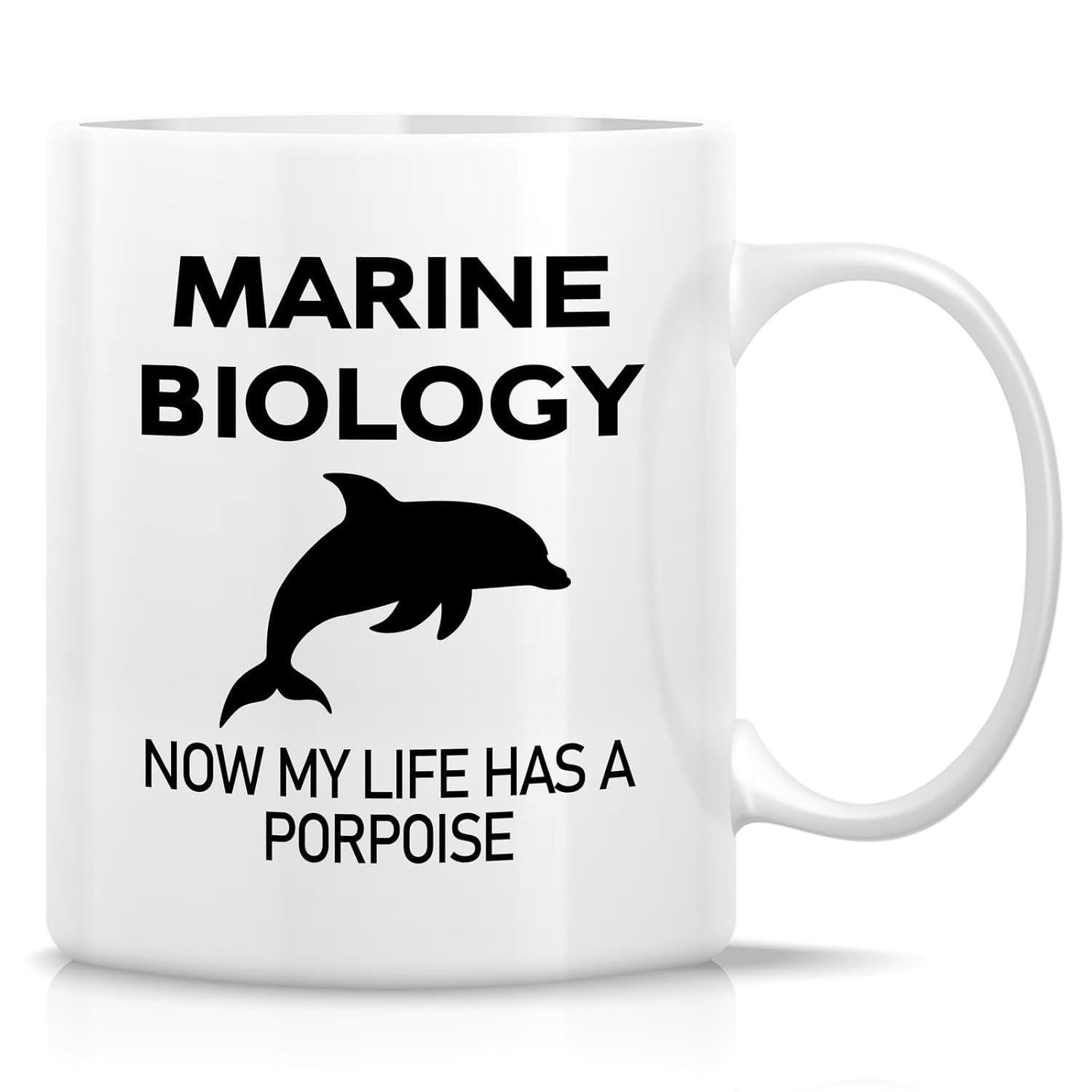Tailorly White Ceramic 11 oz Mug - Marine Biology Now My Life Has A Porpoise Minimalist Black Silhouette Of A Jumping Marine Animal Dolphin