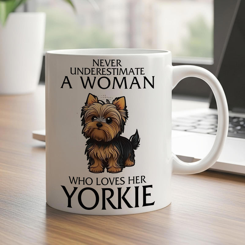 Tailorly White Ceramic 11 oz Mug - Never Underestimate A Woman Who Loves Her Yorkie Cute Fluffy Puppy Standing With Golden And Black Fur Yorkie