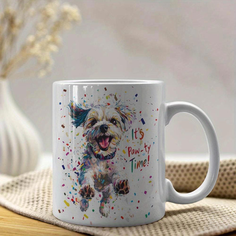 Tailorly White Ceramic 11 oz Mug - Its Pawty Time Artistic Watercolor Style Small Dog Jumping Among Vibrant Confetti Dog