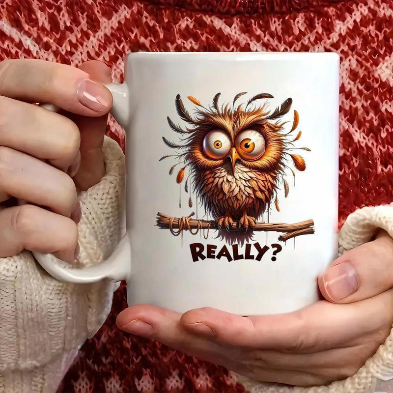 Tailorly White Ceramic 11 oz Mug - Really Messy Brown Feathers With Wide Crazy Eyes Perching On Rustic Branch Owl