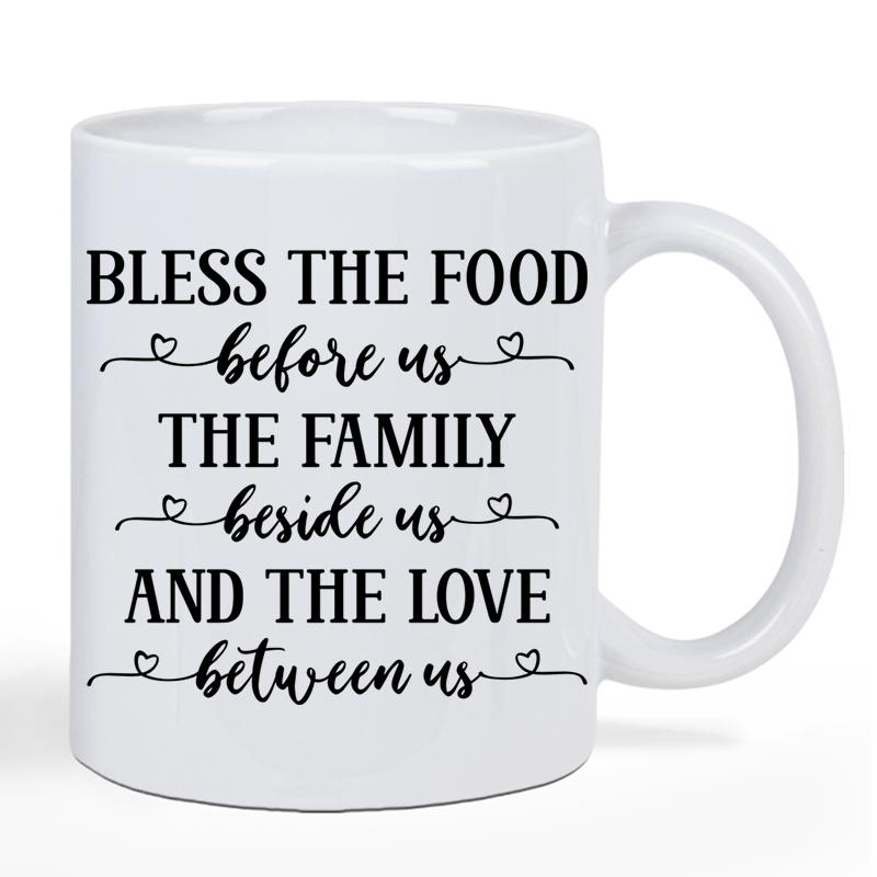 Tailorly White Ceramic 11 oz Mug - Bless The Food Before Us The Family Beside Us And The Love Between Us Minimalist Black Script With Small Heart Accents On