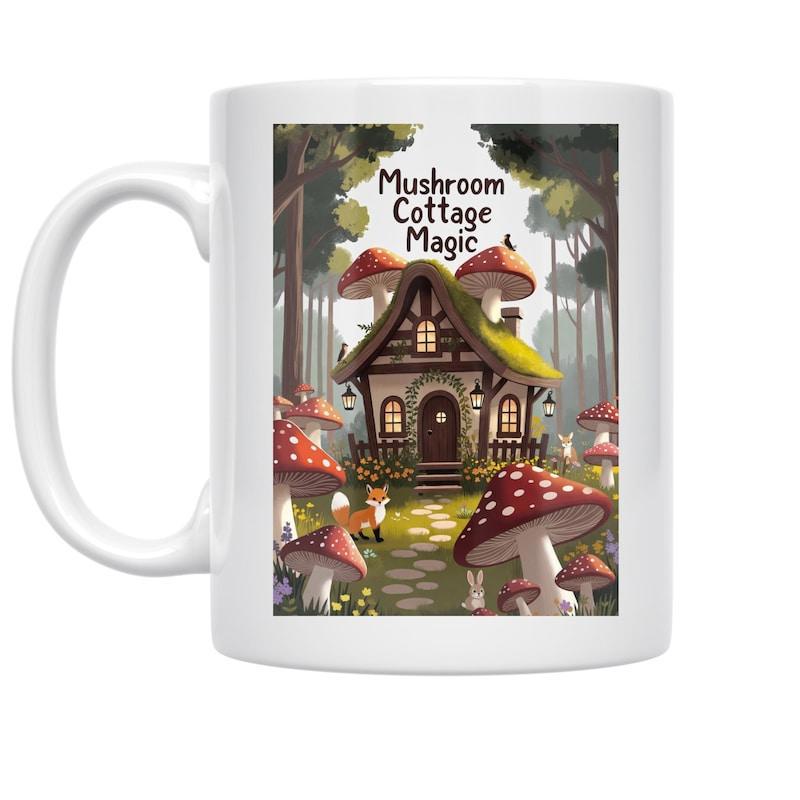 Tailorly White Ceramic 11 oz Mug - Mushroom Cottage Magic Whimsical Enchanted Forest With Giant Red Mushrooms And Tiny Fox Cottage