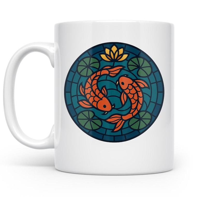 Tailorly White Ceramic 11 oz Mug - Elegant Stained Glass Style Two Koi Fish Swimming Among Lotus Koi Fish