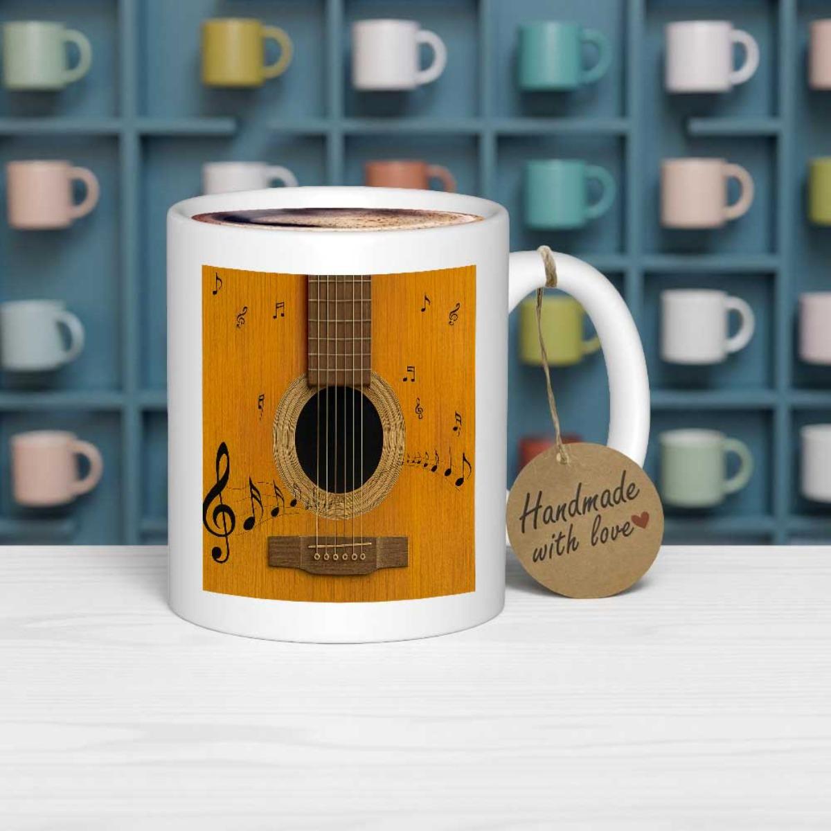Tailorly White Ceramic 11 oz Mug - Handmade With Love Classic Wooden Acoustic Instrument Surrounded By Dancing Black Musical Notes Guitar