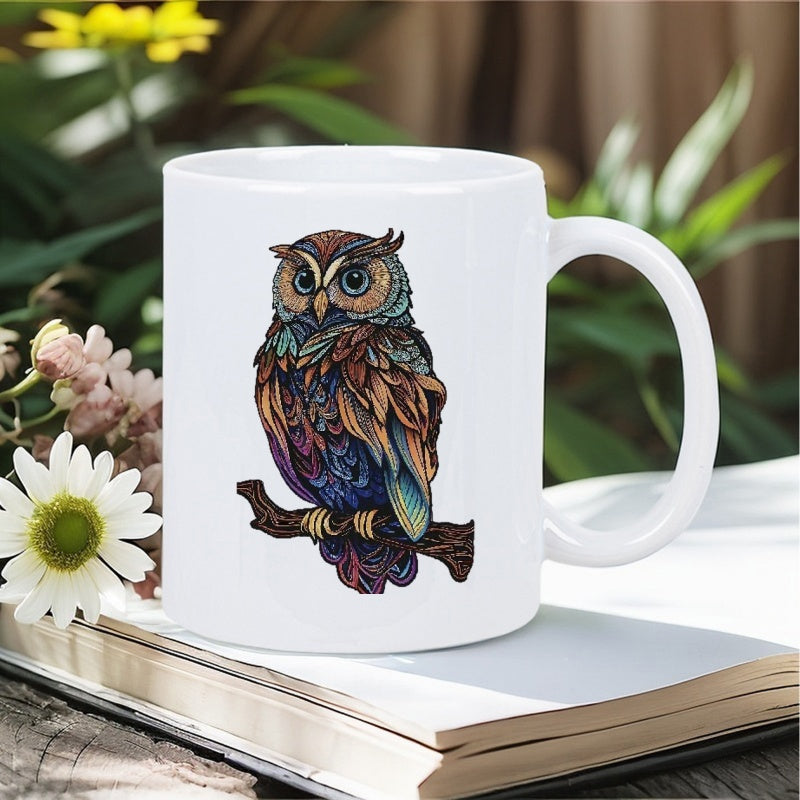 Tailorly White Ceramic 11 oz Mug - Intricate Colorful Feathers Resting On A Tree Branch In Artistic Style Owl