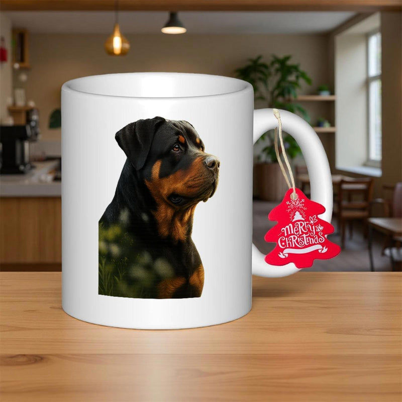 Tailorly White Ceramic 11 oz Mug - Merry Christmas Realistic Profile Of A Majestic Black And Tan Loyal Guard Dog Rottweiler