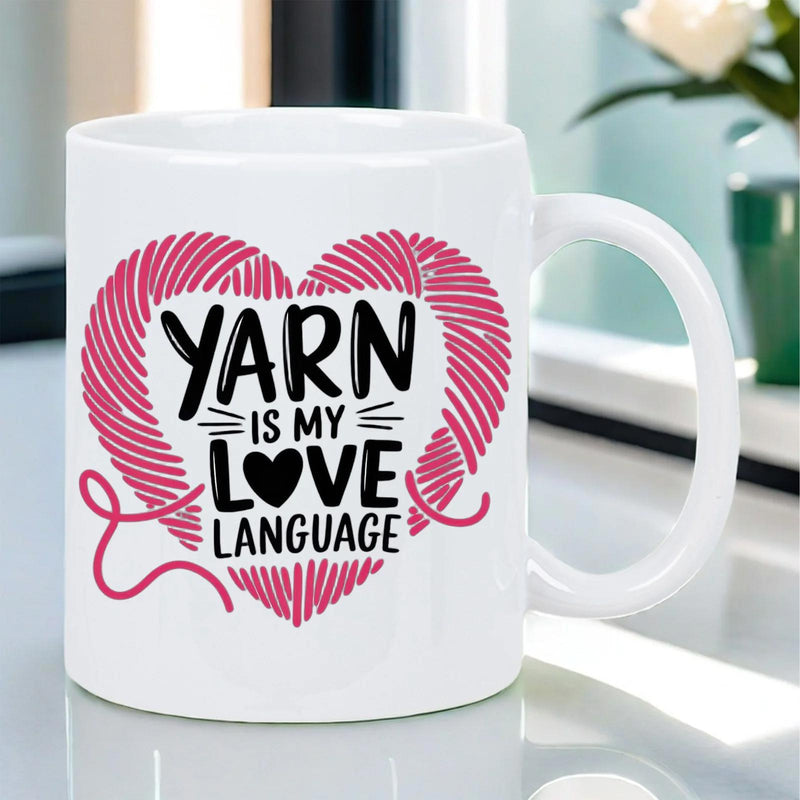 Tailorly White Ceramic 11 oz Mug - Yarn Is My Love Language Vibrant Pink Ball Of Textured Yarn Forming A Decorative Scripted Heart