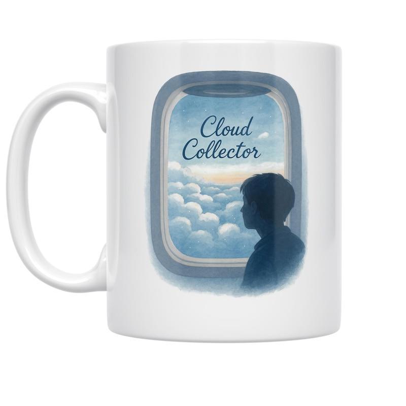 Tailorly White Ceramic 11 oz Mug - Cloud Collector Serene Silhouette Looking Through Airplane Window Over Soft Fluffy White Clouds Window