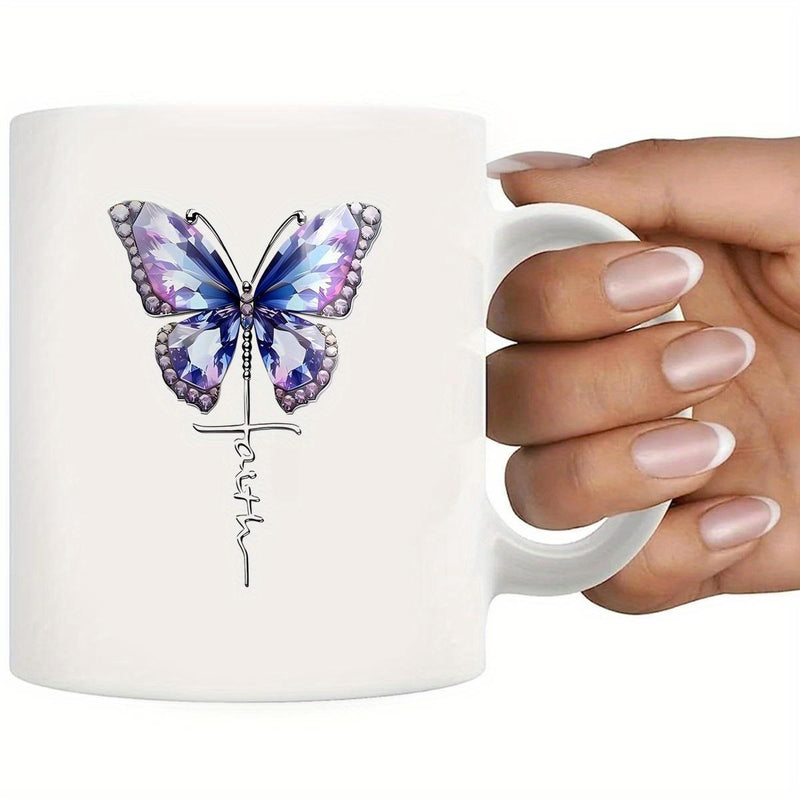 Tailorly White Ceramic 11 oz Mug - Faith Elegant Purple Winged Butterfly Resting On A Delicate Script Cross Butterfly