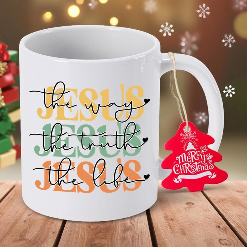 Tailorly White Ceramic 11 oz Mug - Jesus The Way The Truth The Life Merry Christmas Minimalist White Ceramic Vessel Featuring Script Lettering And Religious