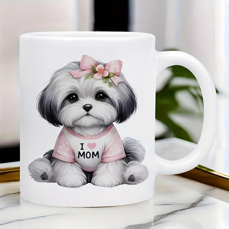 Tailorly White Ceramic 11 oz Mug - I Mom Adorable Fluffy Puppy Wearing Pink Bow And Small Heart Shirt Dog