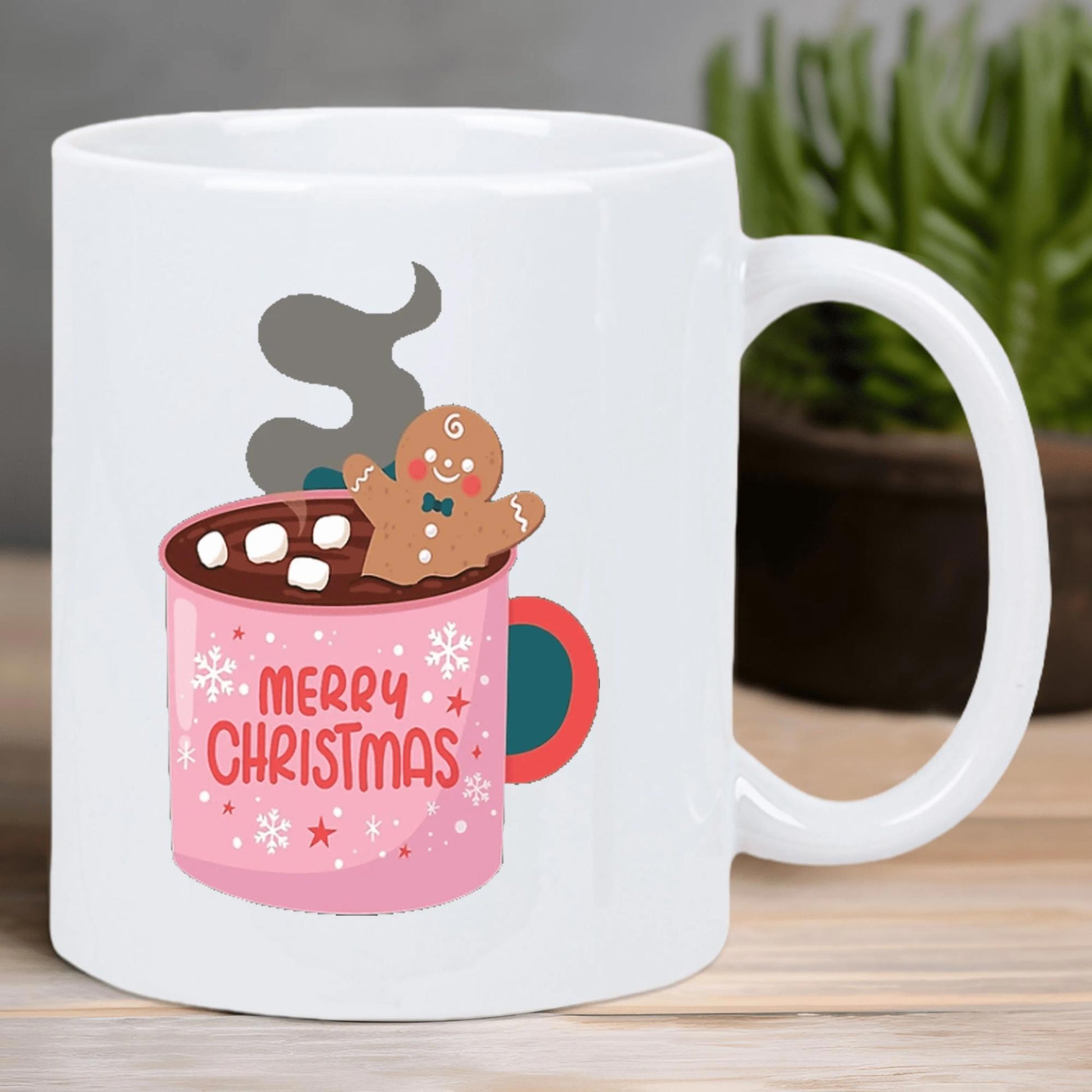 Tailorly White Ceramic 11 oz Mug - Merry Christmas Cute Pink Hot Chocolate Cup With Sweet Marshmallows And Smiling Gingerbread Man