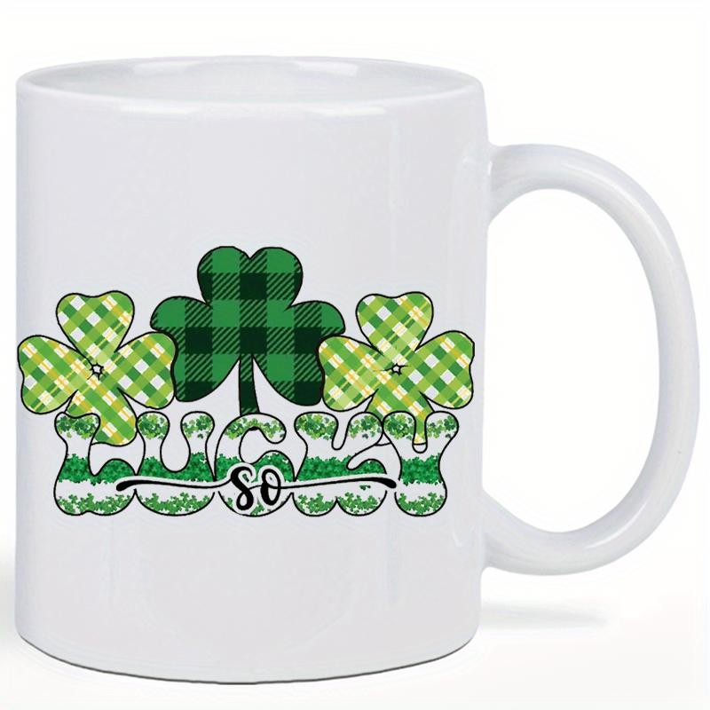 Tailorly White Ceramic 11 oz Mug - So Lucky Three Green Plaid Gingham Patterned Clovers Floating Above Stylized Textured Text Clover