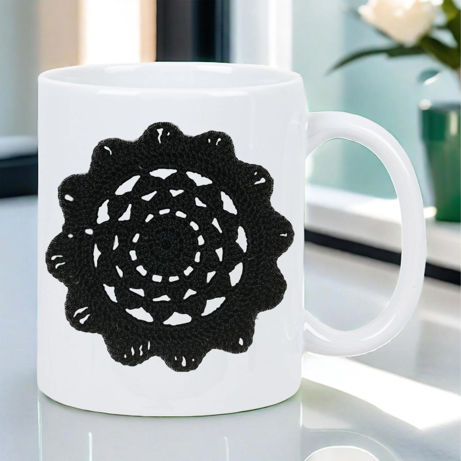 Tailorly White Ceramic 11 oz Mug - Intricate Black Circular Crochet Design Printed On A Pure