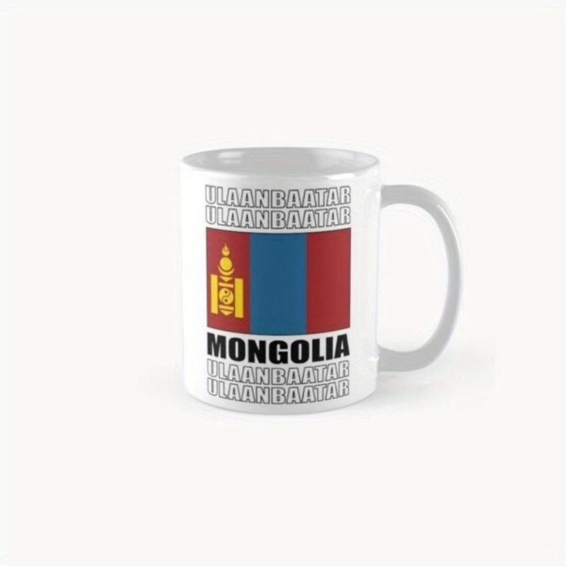 Tailorly White Ceramic 11 oz Mug - Mongolia Ulanbator Vertical Stripes Pattern Of Red And Blue Featuring Traditional Soyombo Emblem Mug