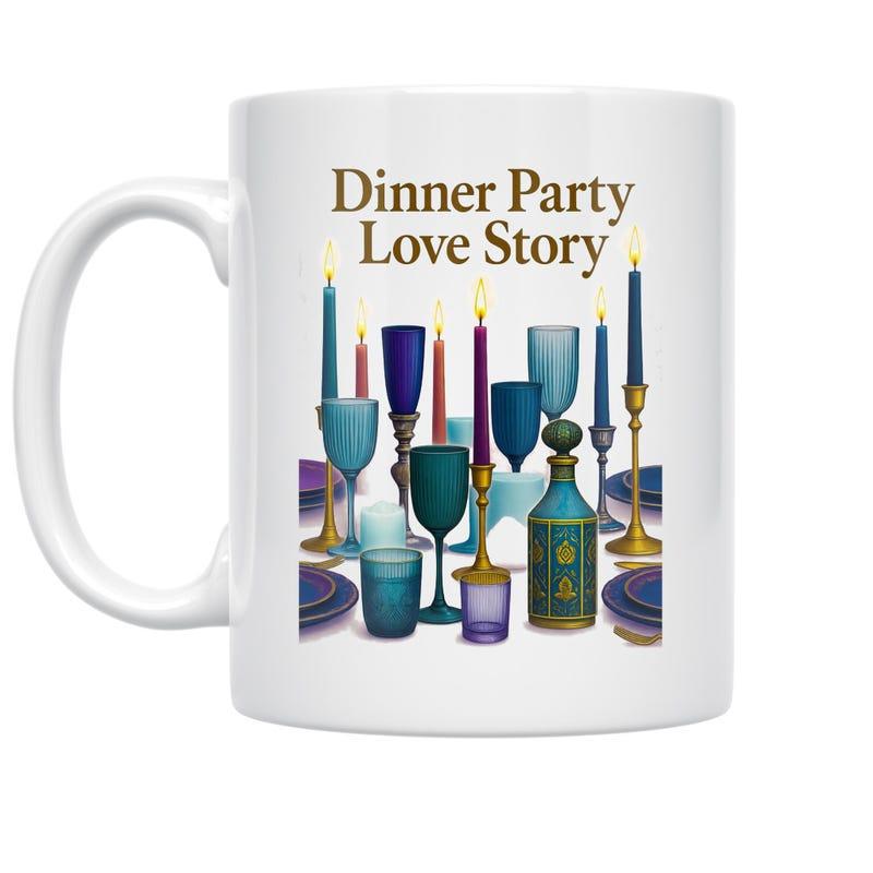 Tailorly White Ceramic 11 oz Mug - Dinner Party Love Story Elegant Blue Decanters And Glowing Candles On Festive Glassware