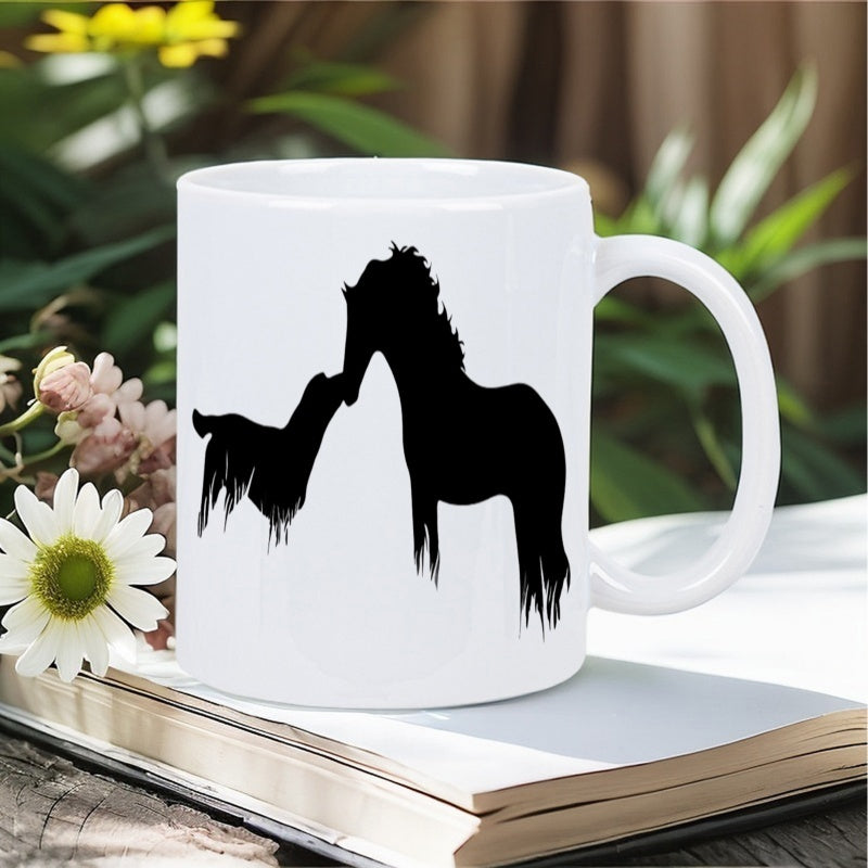 Tailorly White Ceramic 11 oz Mug - Artistic Black Brushstroke Silhouette Representing Friendship Between A Dog And Horse