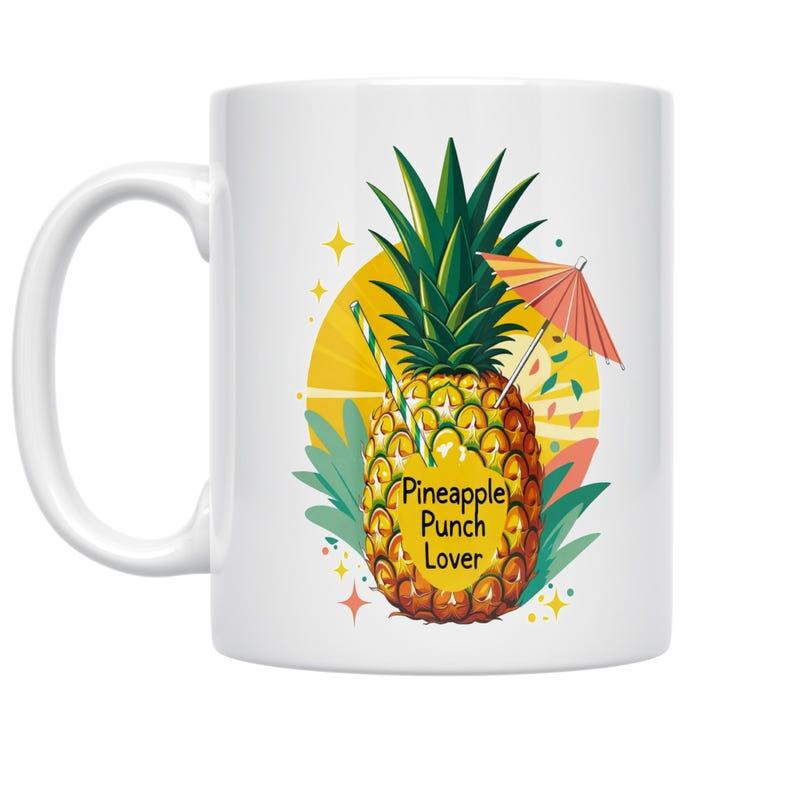 Tailorly White Ceramic 11 oz Mug - Pineapple Punch Lover Tropical Fruit Featuring A Cocktail Umbrella And Straw Under Glowing Sun Pineapple