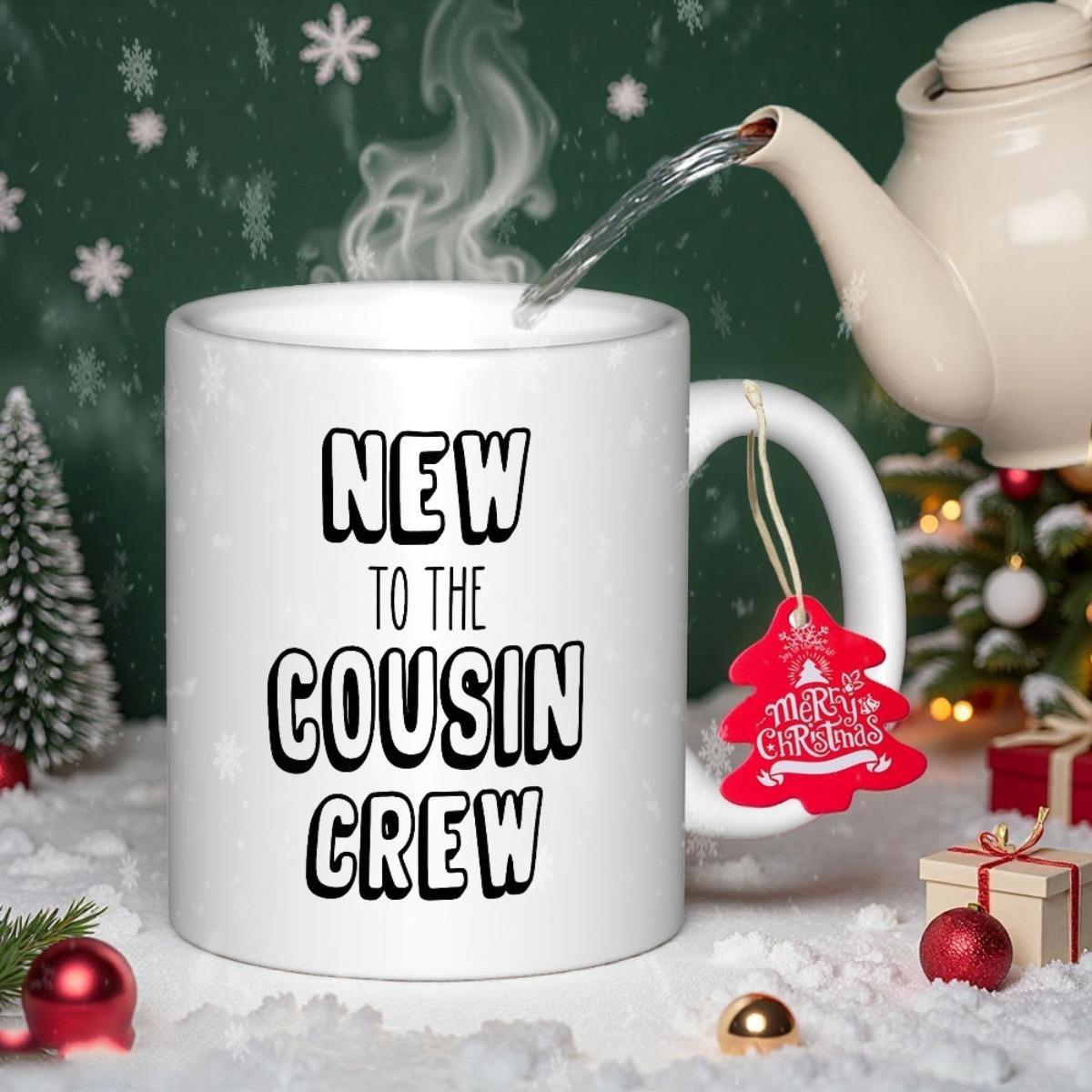 Tailorly White Ceramic 11 oz Mug - New To The Cousin Crew Surrounded By Winter Snow And Festive Christmas Decorations Mug