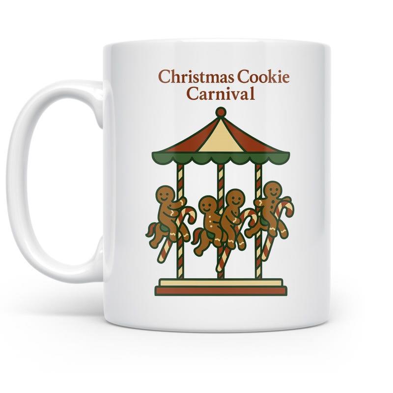 Tailorly White Ceramic 11 oz Mug - Christmas Cookie Carnival Festive Holiday Scene With Gingerbread Men On A Candy Cane Carousel
