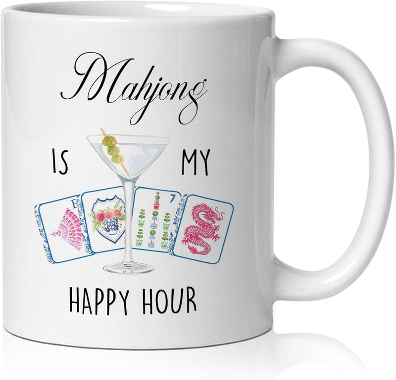 Tailorly White Ceramic 11 oz Mug - Mahjong Is My Happy Hour Sophisticated Martini Glass With Olive Among Four Beautifully Detailed Tile