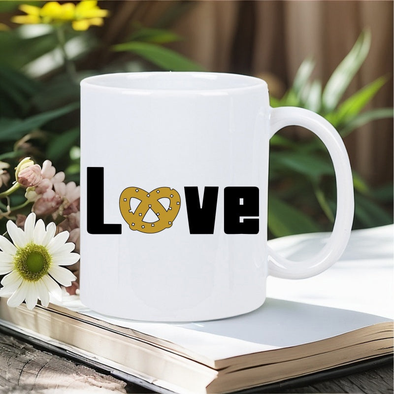 Tailorly White Ceramic 11 oz Mug - Love Tasty Golden Brown Salted Snack Icon Replacing The Letter O Pretzel