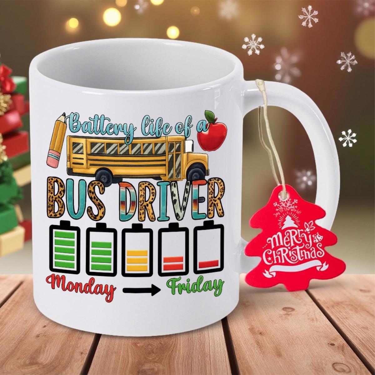 Tailorly White Ceramic 11 oz Mug - Battery Life Of A Bus Driver Monday Friday Yellow School Bus With Pencil And Apple Among Dwindling Battery Icons Mug