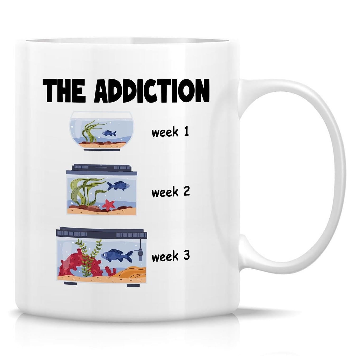 Tailorly White Ceramic 11 oz Mug - The Addiction Week 1 Week 2 Week 3 Progressive Stages Of Growing Fish Tanks With Vibrant Aquatic Life Aquarium