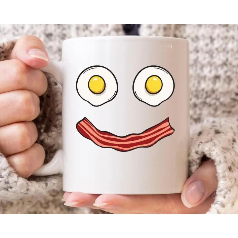 Tailorly White Ceramic 11 oz Mug - Two Fried Eggs And Bacon Strip Forming A Happy Breakfast Smiley Face