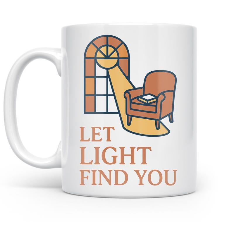 Tailorly White Ceramic 11 oz Mug - Let Light Find You Warm Sunlight Streaming Through An Arched Window Onto An Armchair