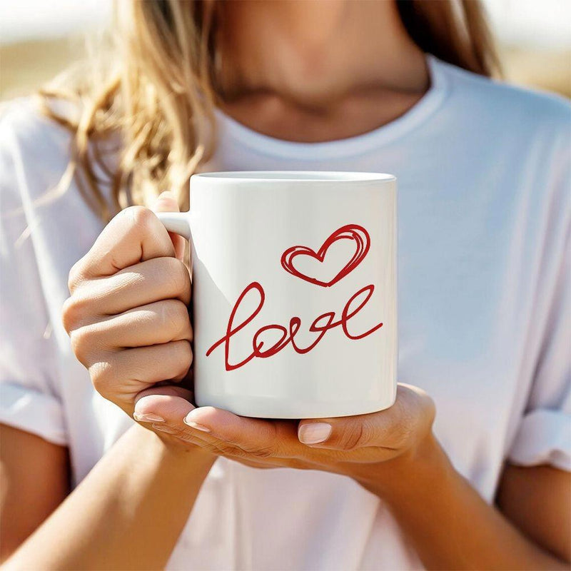 Tailorly White Ceramic 11 oz Mug - Love Artistic Red Scribbled Symbol Floating Above Handwritten Cursive Script Style Heart