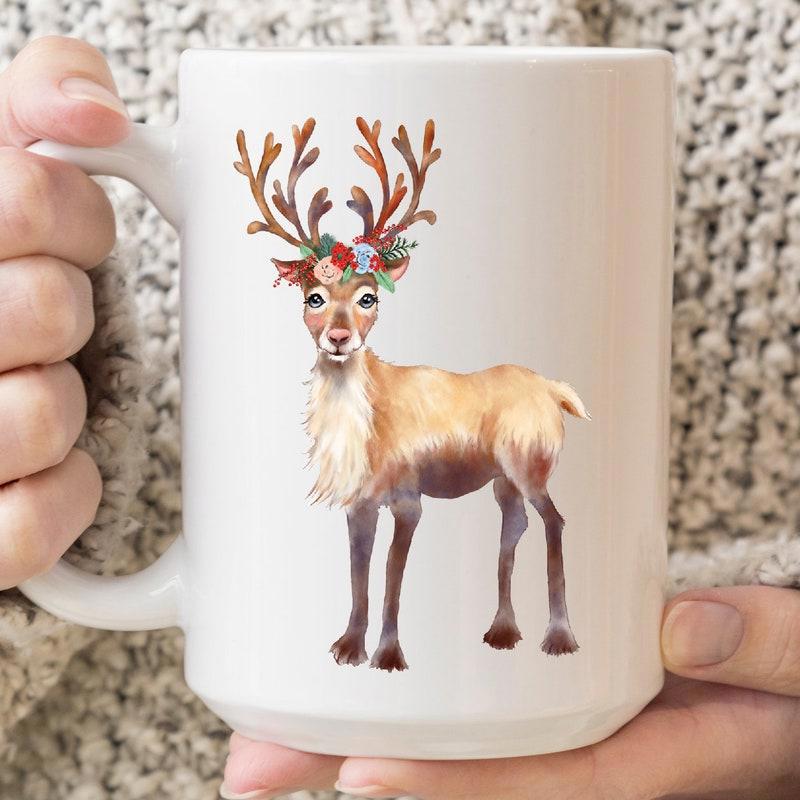 Tailorly White Ceramic 11 oz Mug - Elegant Watercolor Reindeer Adorned With Colorful Autumn Flowers And Green Foliage Reindeer