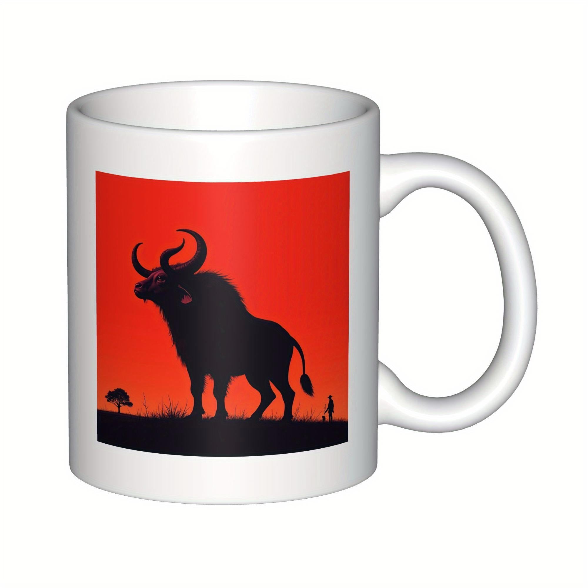 Tailorly White Ceramic 11 oz Mug - Vibrant Red Sunset Silhouette Standing On Horizon Under Evening Sky Bull