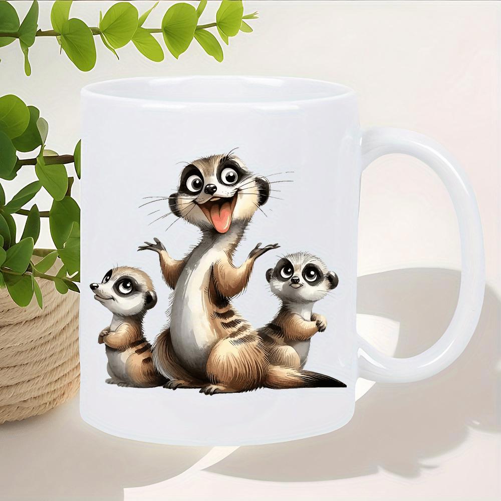 Tailorly White Ceramic 11 oz Mug - Playful Trio Of Smiling Cartoon Animals Standing Together Meerkat