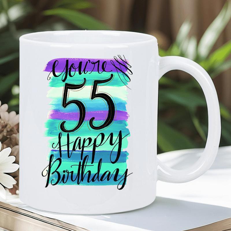 Tailorly White Ceramic 11 oz Mug - Youre 55 Happy Birthday Vibrant Artistic Blue Purple Watercolor Brushstrokes Background Mug