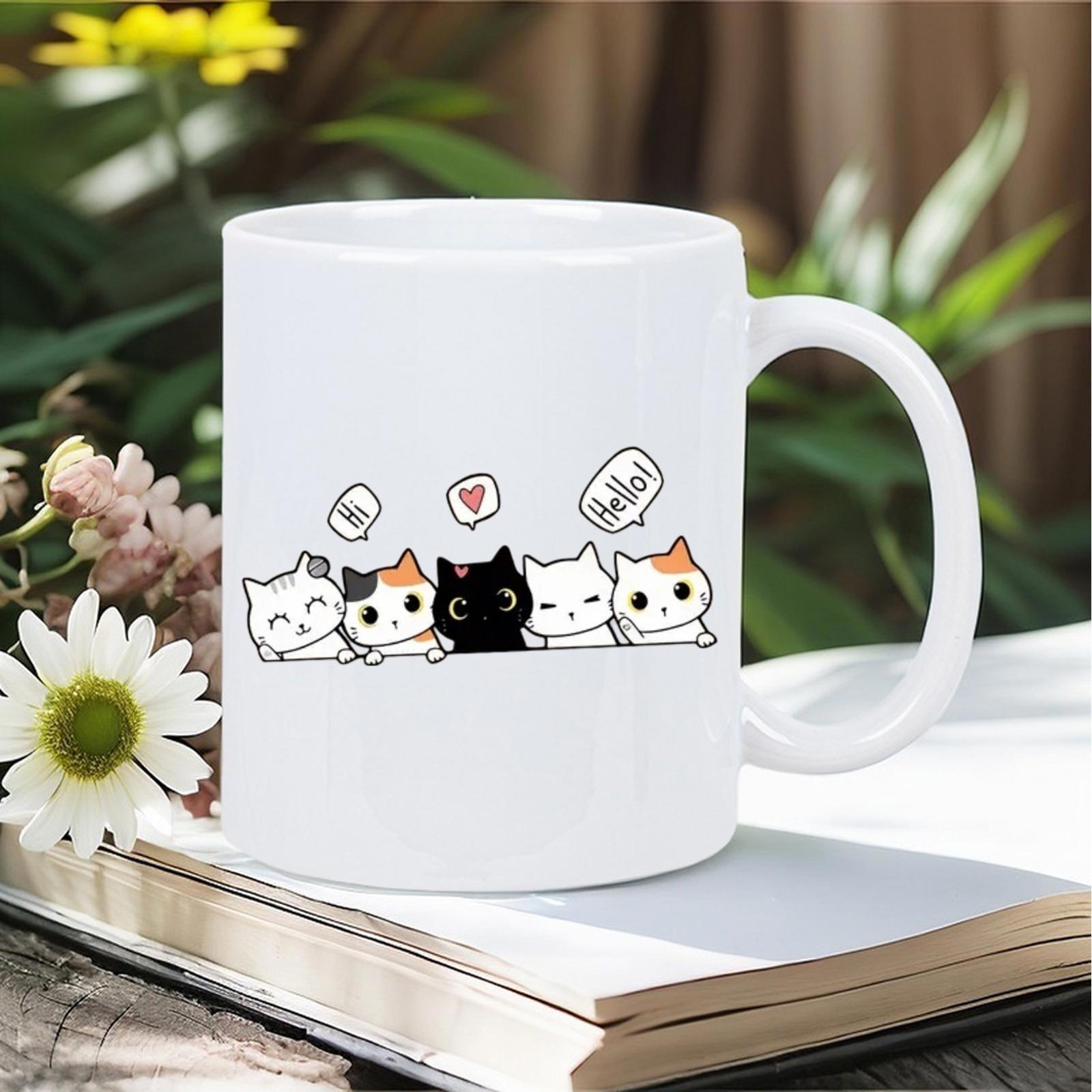 Tailorly White Ceramic 11 oz Mug - Hi Hello Five Adorable Cartoon Kittens Peeking Over A Simple Line Border Cat