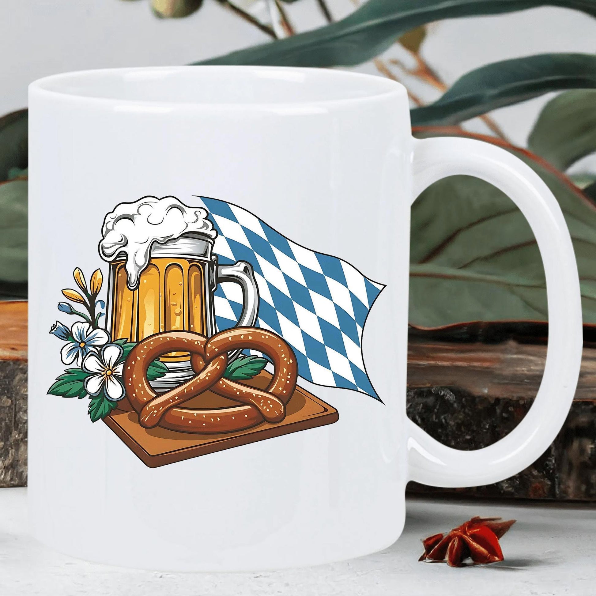 Tailorly White Ceramic 11 oz Mug - Traditional Bavarian Flag With Frothy Beer Mug And Salty Golden Pretzel