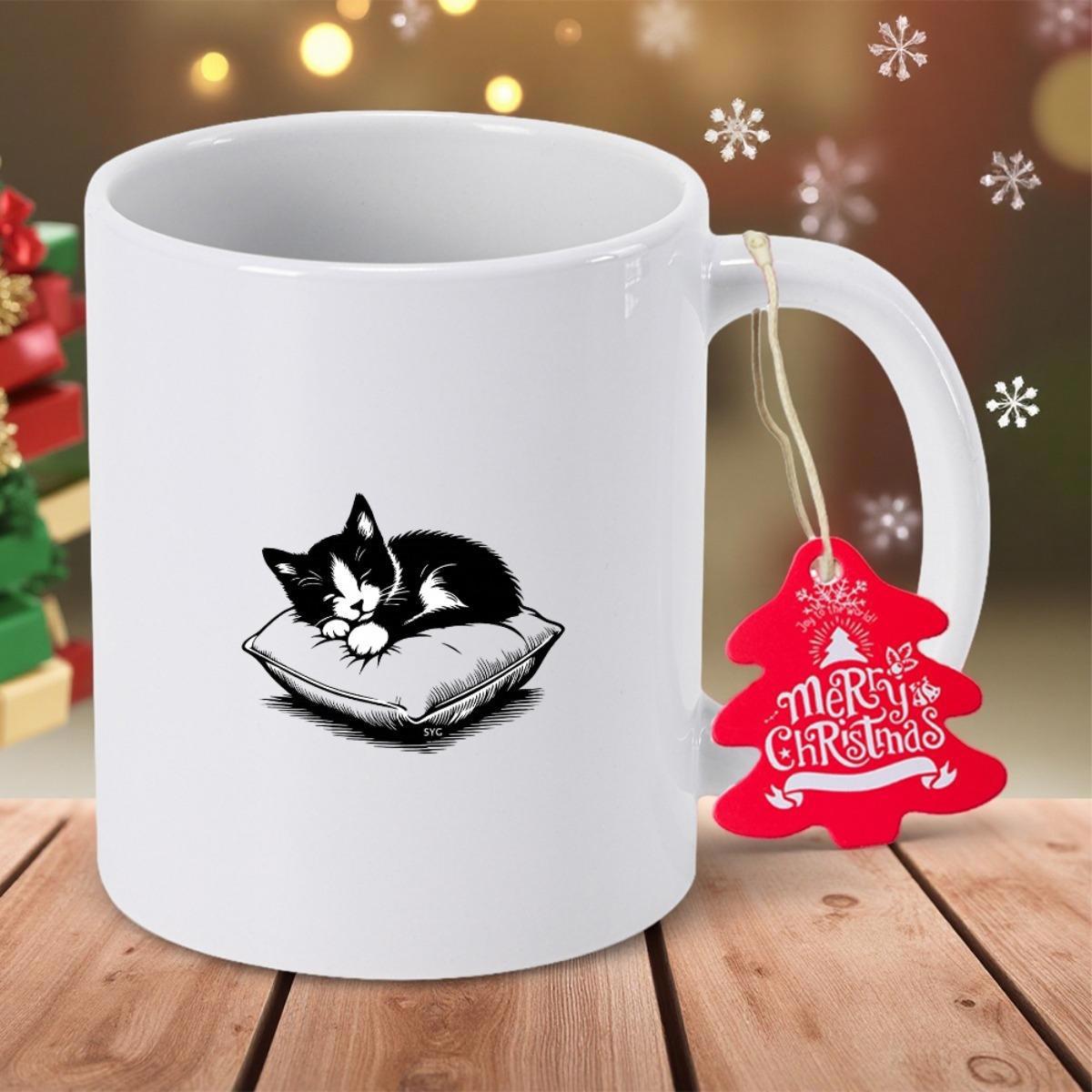 Tailorly White Ceramic 11 oz Mug - Merry Christmas Peaceful Black And White Tuxedo Cat Resting Upon A Soft Pillow Cat