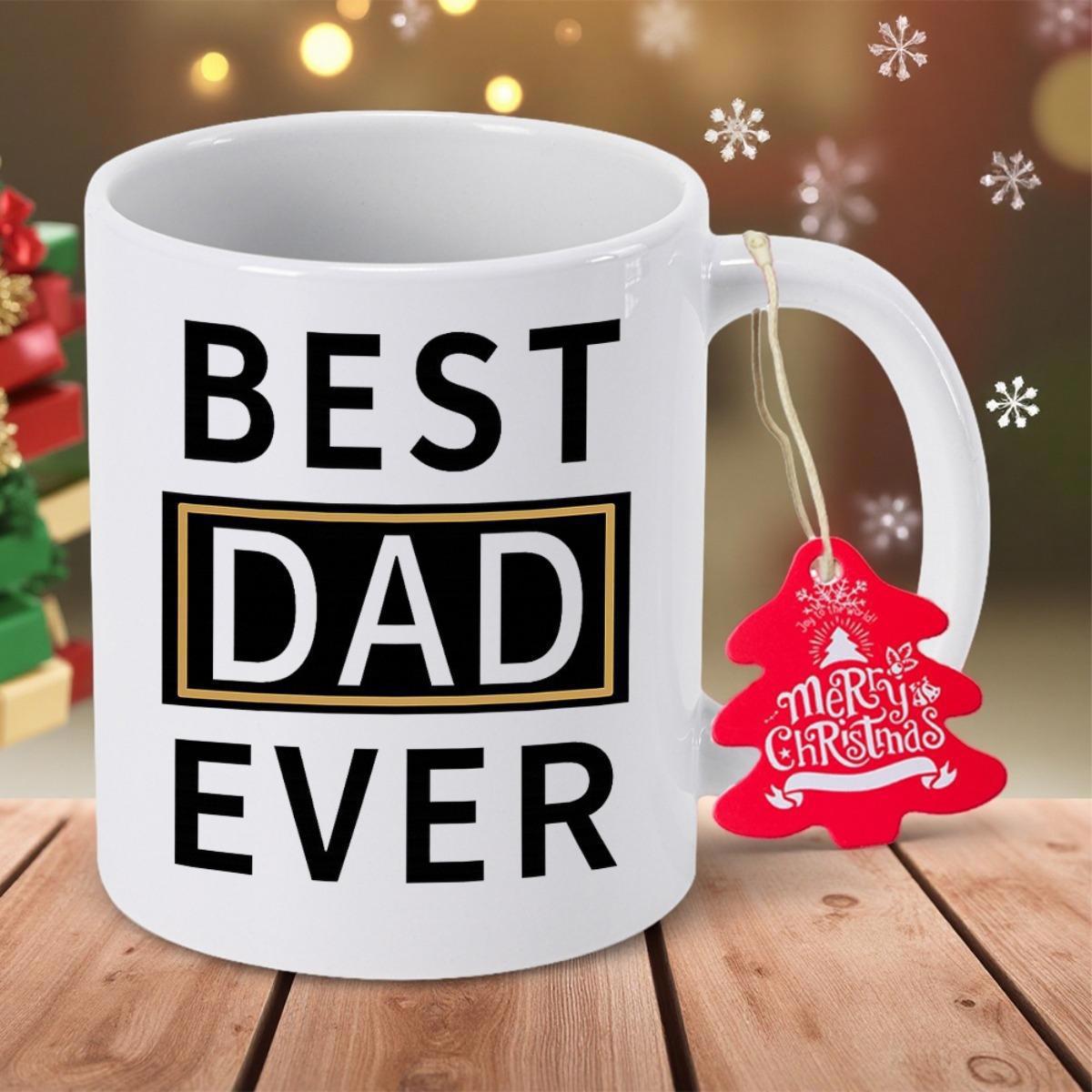 Tailorly White Ceramic 11 oz Mug - Best Dad Ever Merry Christmas Ceramic Drinking Vessel With Festive Christmas Tree Tag On Handle Mug